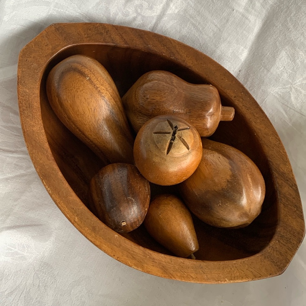 MCM Wooden Bowl W/Fruit, Gourds& Nuts